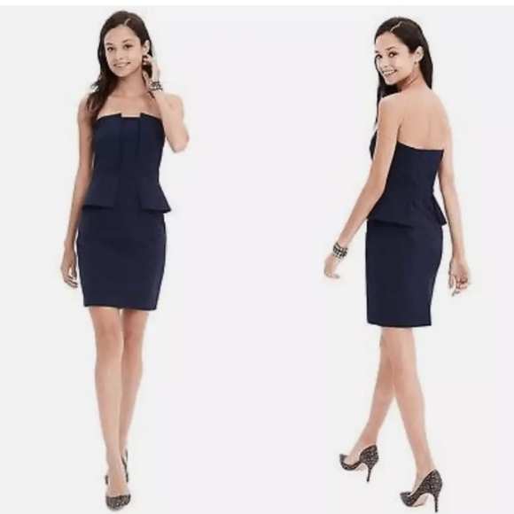 Banana Republic Navy Blue Textured Strapless Peplum Dress Sz 8 Blue Minimalist - Picture 1 of 12